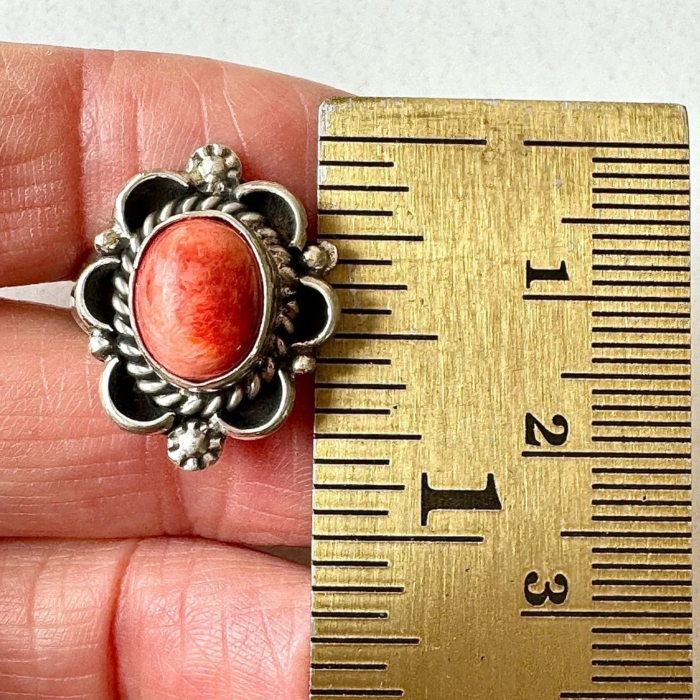 Navajo Flower Ring Orange Spiny Oyster Sz 9 Sterling Silver Native Signed Morgan
